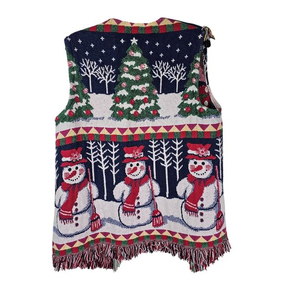 Vtg Tapestry Christmas Snowman Sweater Vest L Fringe Artsy Teacher Holiday - Picture 2 of 6